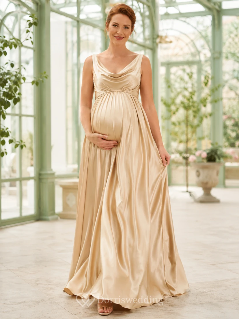 Champagnerfarbenes Satin-Abendkleid mit Wasserfallausschnitt, Trägern und tiefem V-Ausschnitt am Rücken