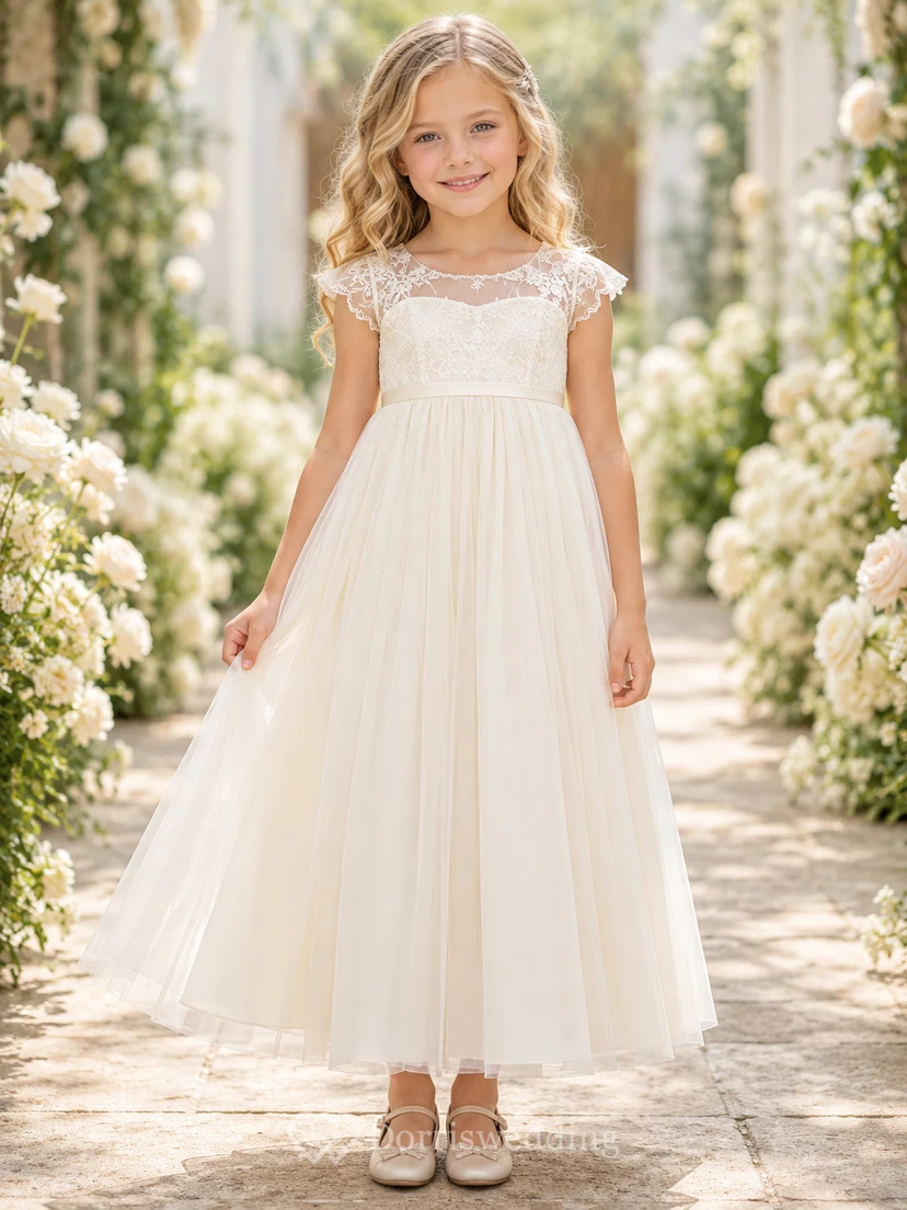 Vestido de novia modesto para niña de las flores, estilo jardín, con mangas cortas de tul y corte en A, de encaje y estilo ilusión.