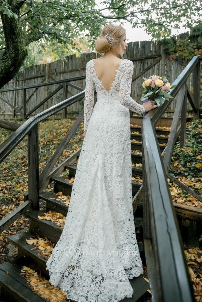 Elegantes, langärmeliges Brautkleid aus Spitze mit U-Boot-Ausschnitt und Meerjungfrauen-Finish sowie V-Ausschnitt am Rücken view 5
