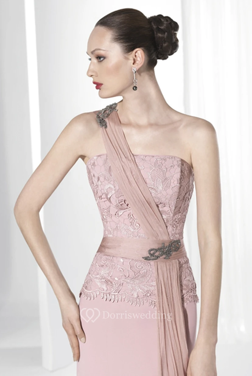 Sheath Floor-Length Sleeveless Appliqued One-Shoulder Jersey Prom Dress view 2