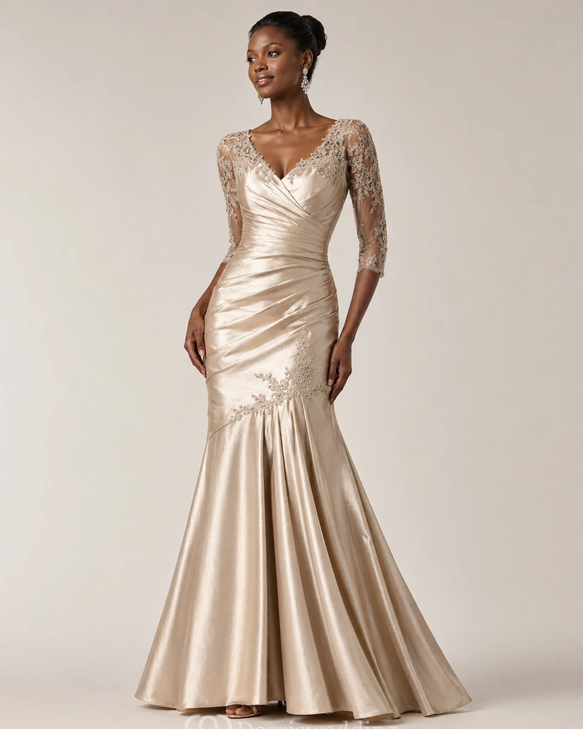 3-4-ärmeliges Taftkleid mit V-Ausschnitt, Applikationen und Falten view 4