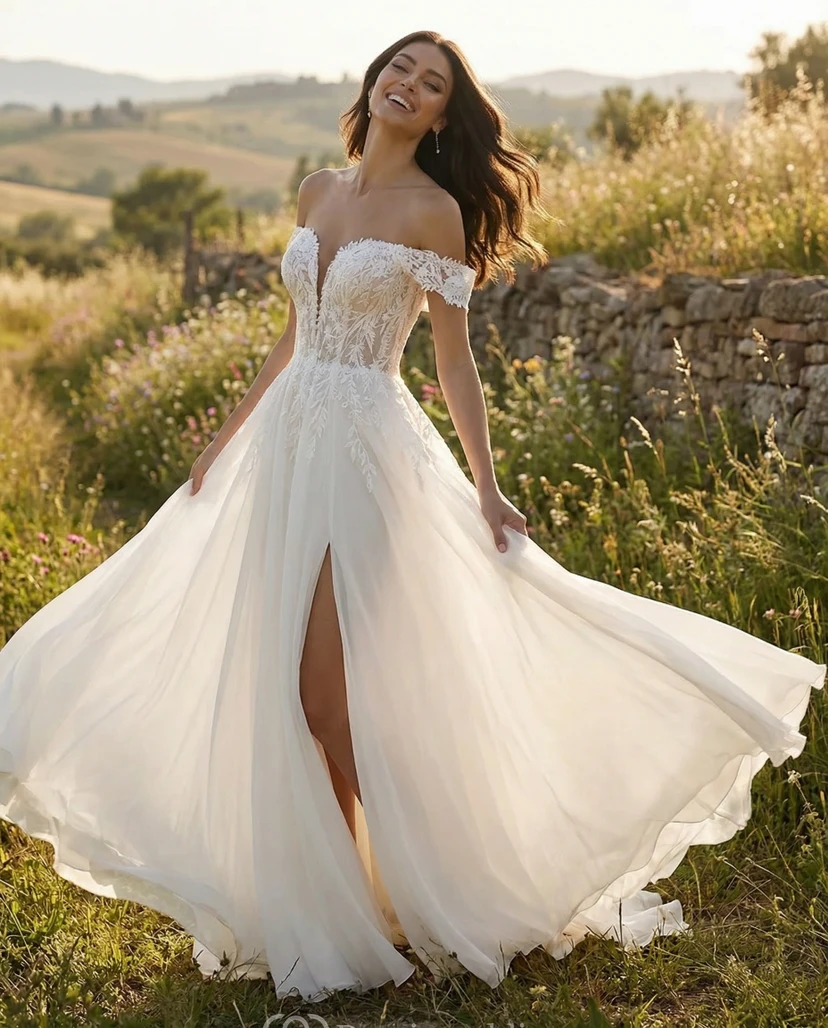Robe de mariée trapèze à épaules dénudées avec corsage en dentelle et fente sur le devant