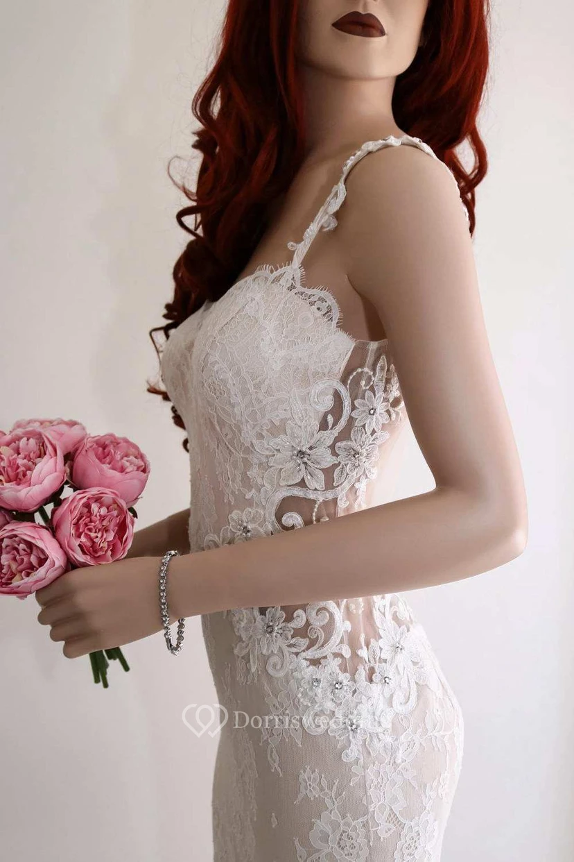 Illusion Sleeve Satin Lace Backless Wedding Dress view 4