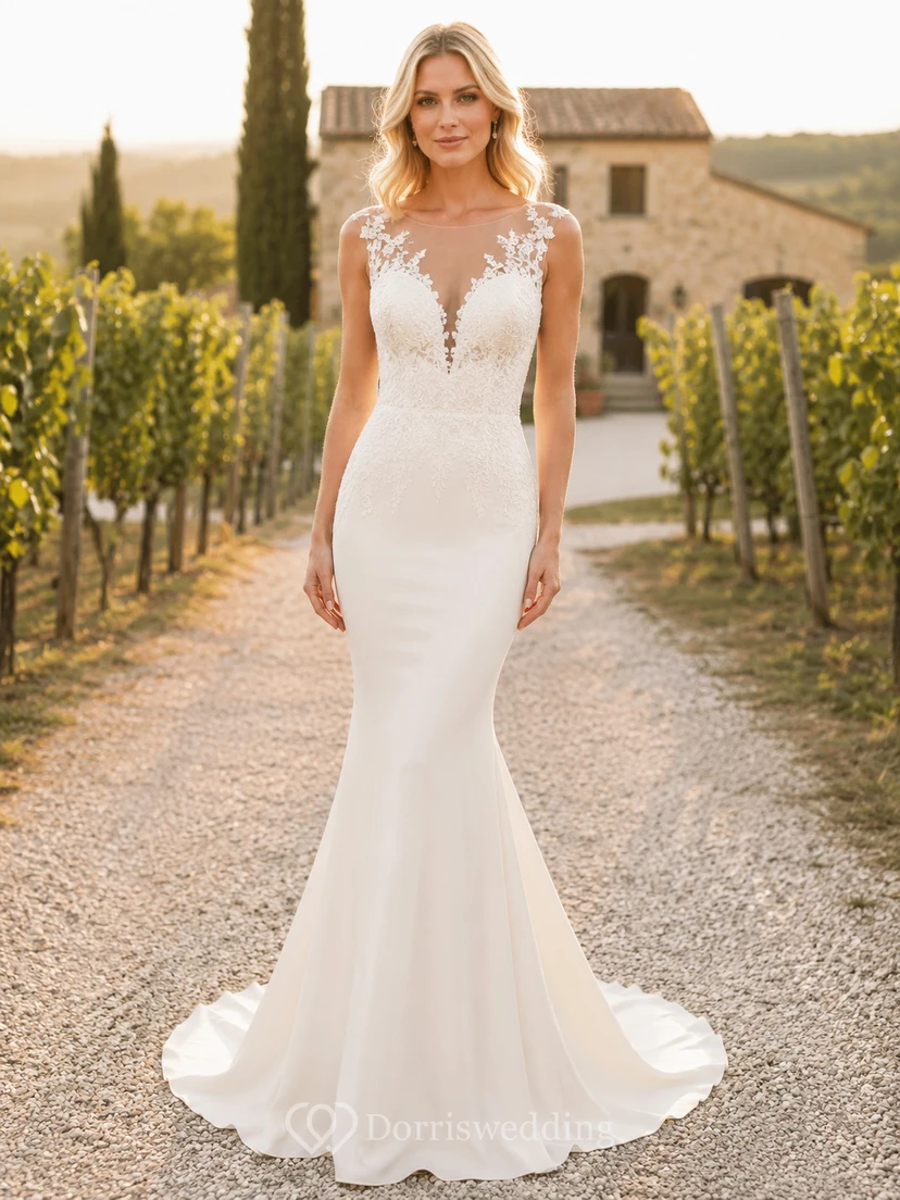 Elegant Illusion Lace Abito Sposa Mermaid Bateau Sleeveless Sweep Train