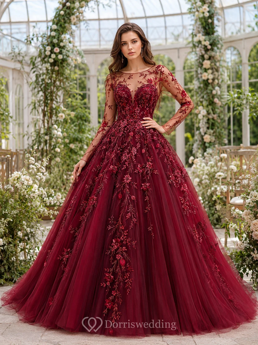 Burgundy Red Long Sleeve Floral Ball Gown Wedding Dress