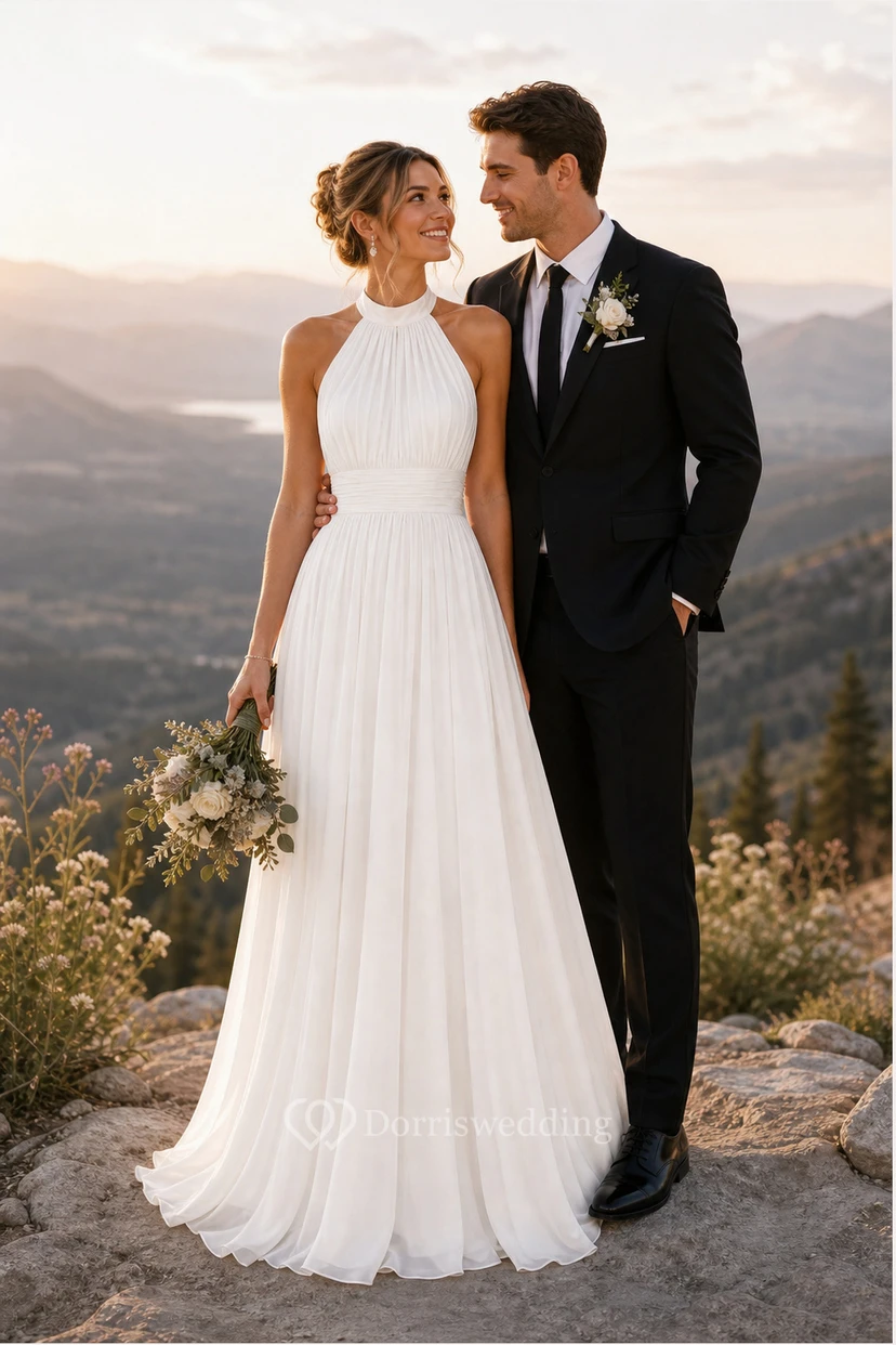 Vestido de novia blanco de corte A con escote halter view 3
