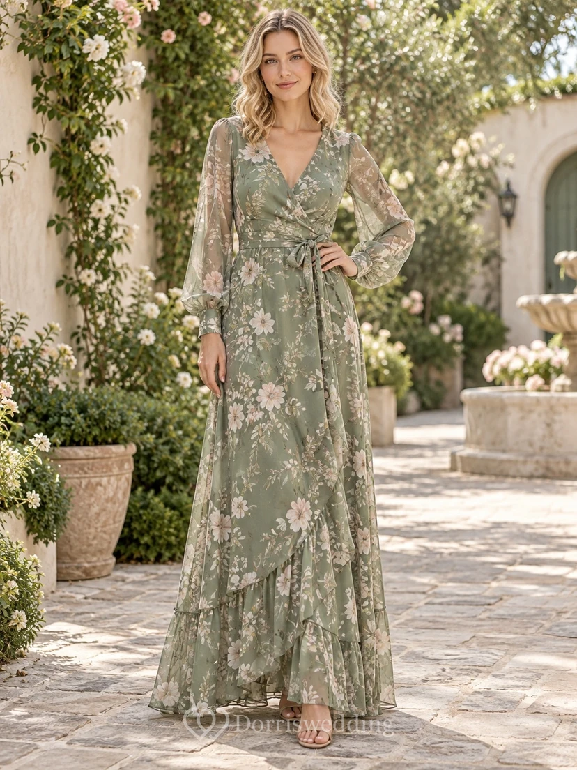 Vestido de invitada de boda de gasa con volantes, cuello en V y estampado floral verde salvia, estilo bohemio, manga larga.