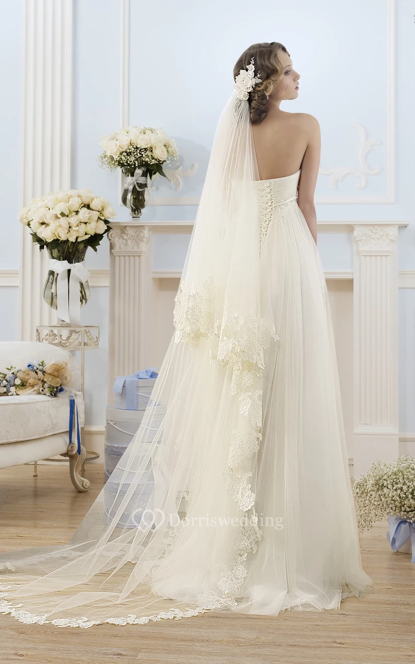 A-Line Floor-Length Strapless Sleeveless Empire Lace-Up Tulle Dress With Ruching view 2