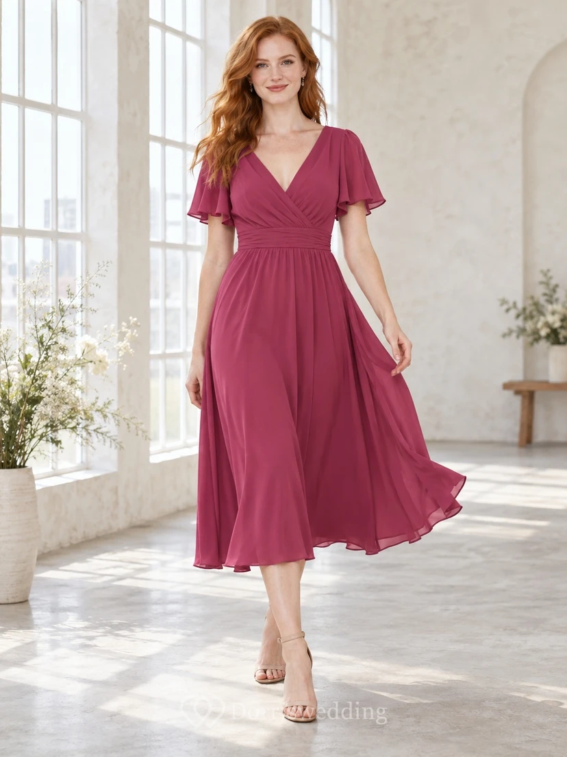 Vestido de dama de honor vaporoso de gasa con escote en V, mangas con volantes y largo hasta la rodilla, color frambuesa.
