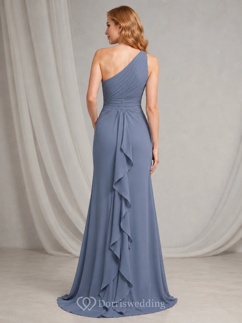 Steel Blue One-Shoulder Waterfall Ruffle Evening Gown view 2