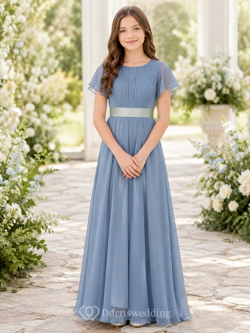 Schieferblaues Brautjungfernkleid in A-Linie mit Schmucksteinen, kurzen Ärmeln, elegant