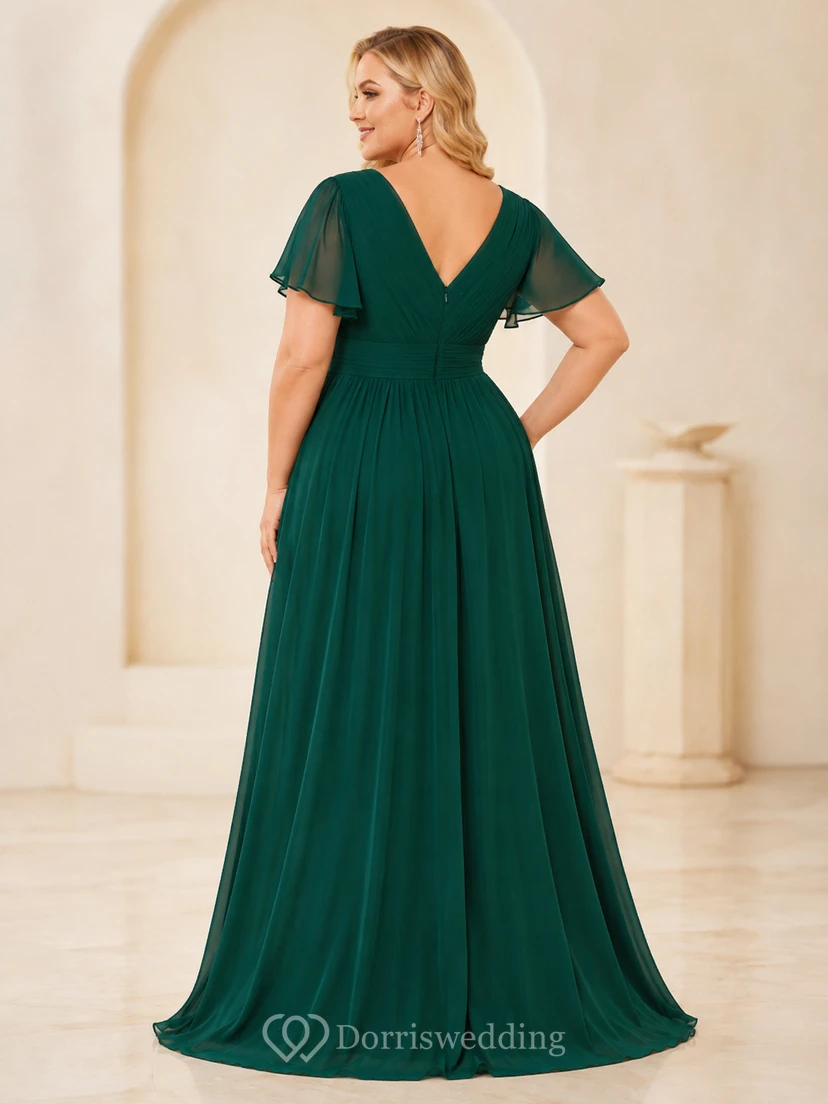 Vestido de noche de corte A con escote en V y mangas con volantes, color verde oscuro. view 2