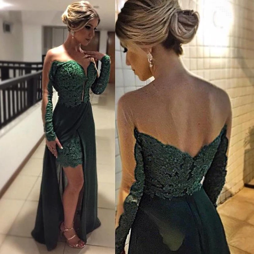 Elegant Long Sleeve Green Evening Dresses Skirt Long Lace Appliques view 2