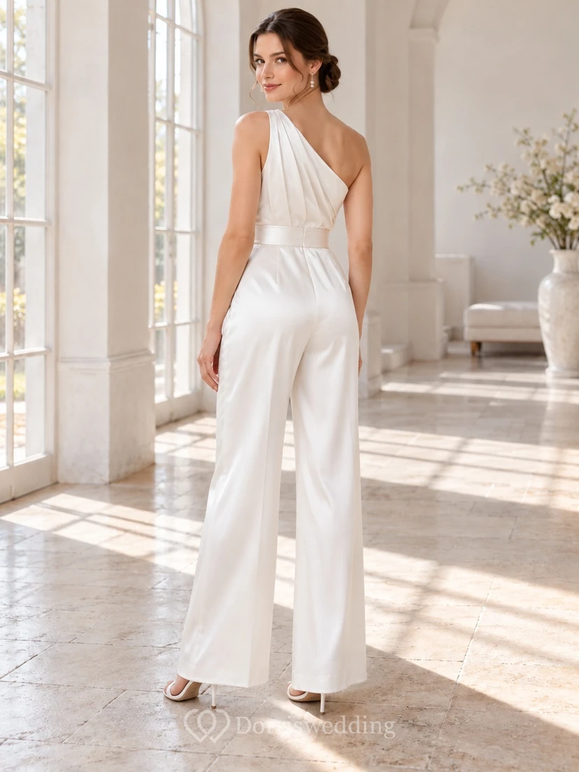 Modern One Shoulder Draped Satin Pearl Buckle Ankle Length Bridal Jumpsuit view 2