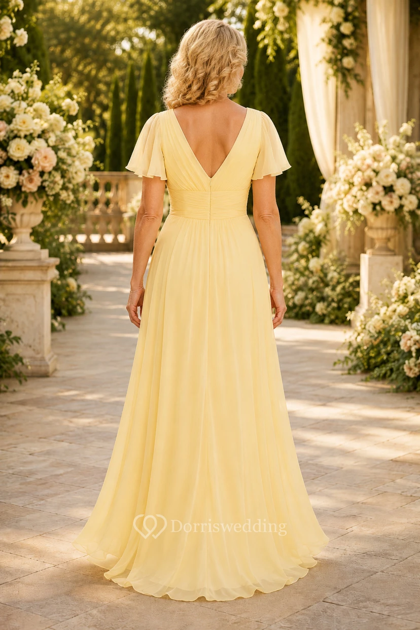 Narzissengelbes Chiffon-Kleid in A-Linie mit V-Ausschnitt und Volantärmeln view 2
