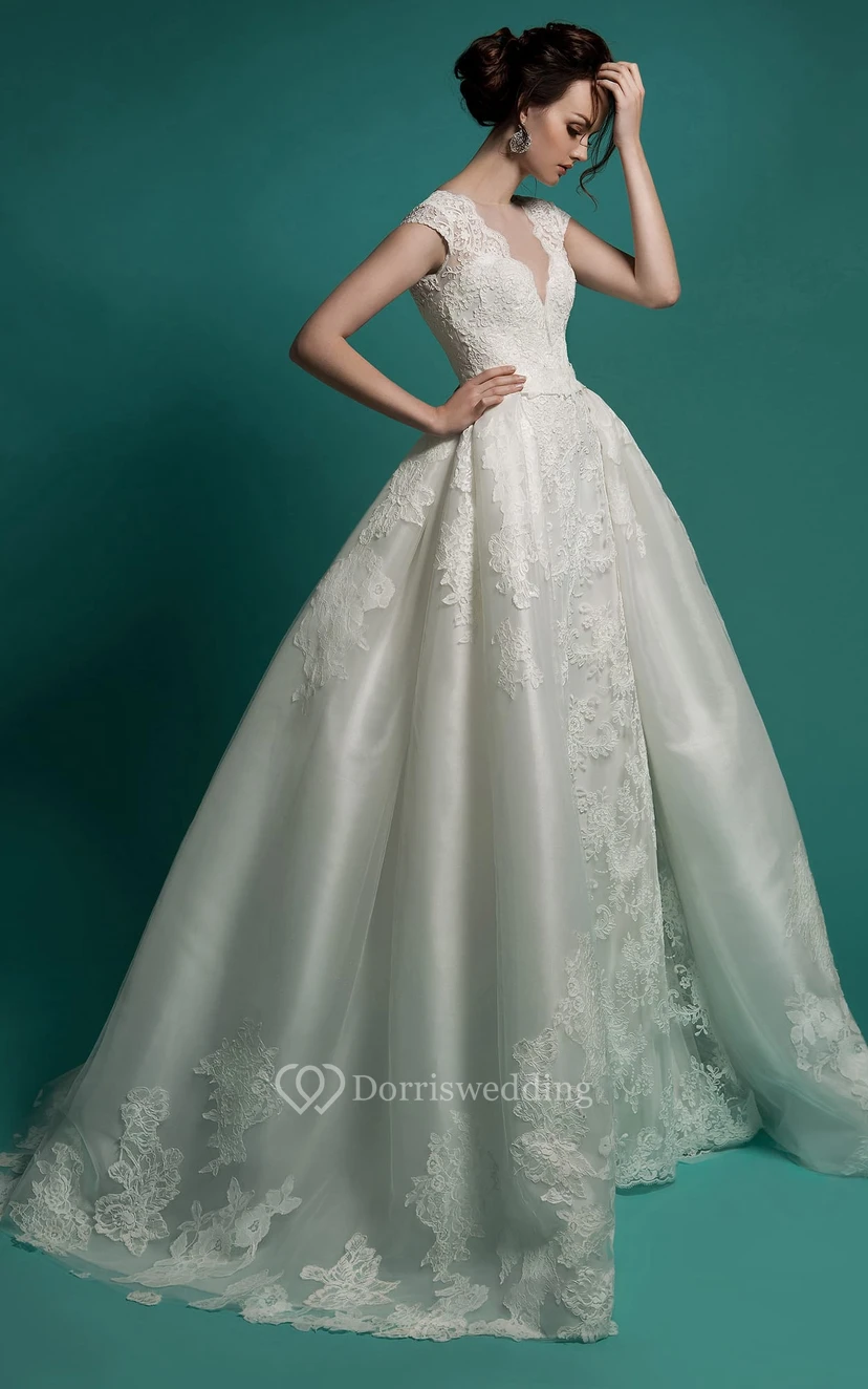 Robe sirène longue en dentelle à col V, manches courtes, fermeture éclair, ceinture et traîne amovible view 2