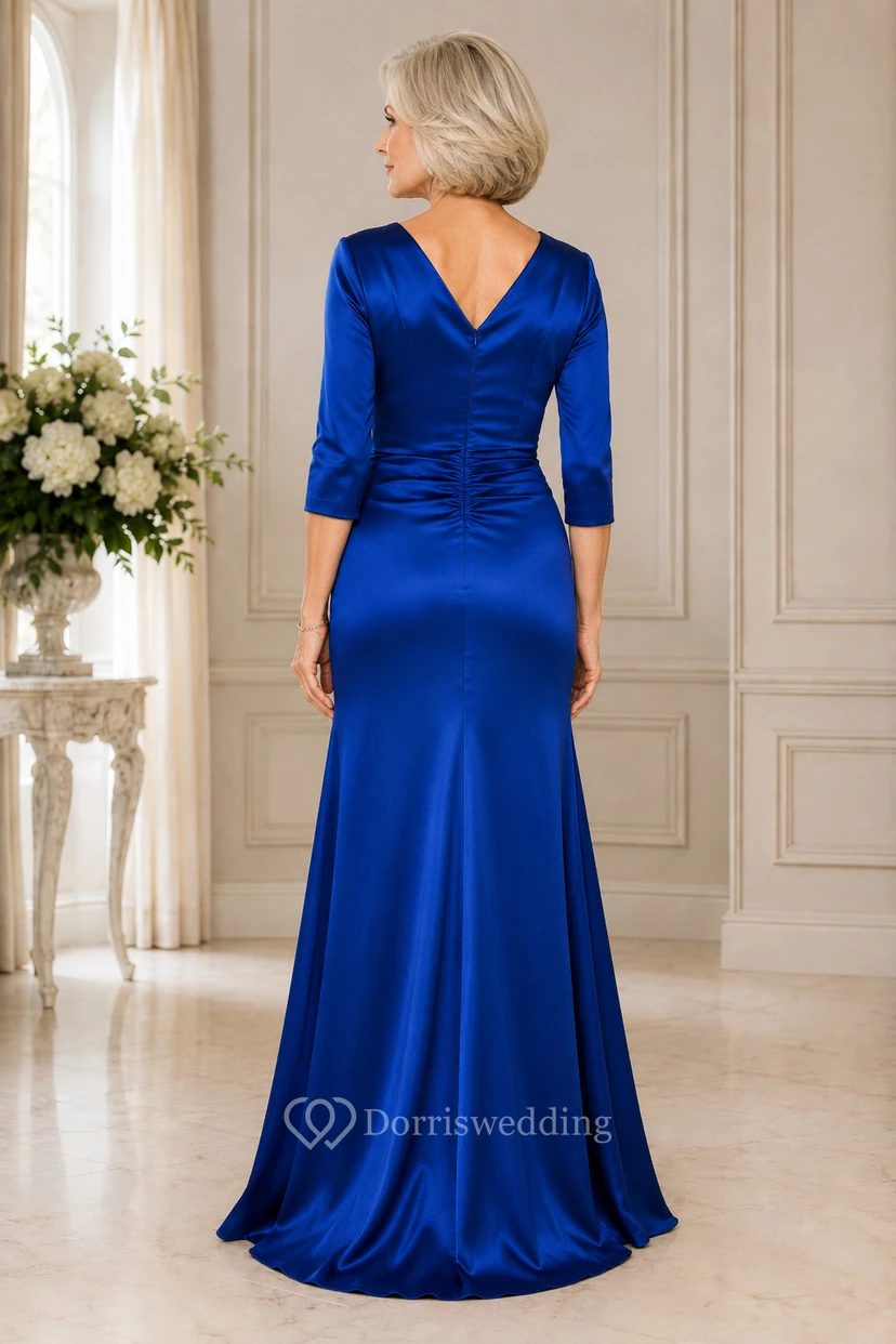 Royal Blue V-Neck Satin Mother Dress With 3/4 Sleeves view 2