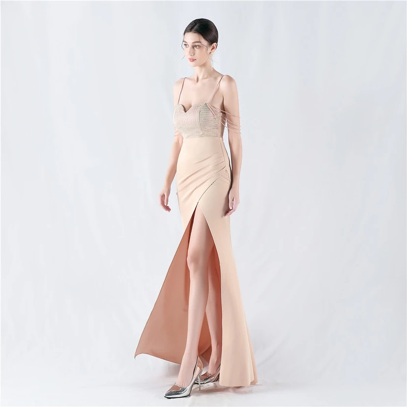 Hot Diamond Beaded High-Slit Satin Sexy Sling Evening Dress view 23