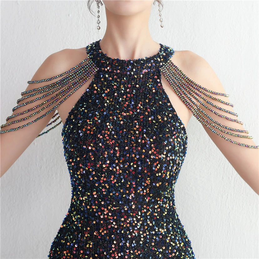 Heavy-Duty Glass Bead Craft Beaded Banquet Evening Dress Temperament Elegant Long Halter Neck Slit Sequins view 58