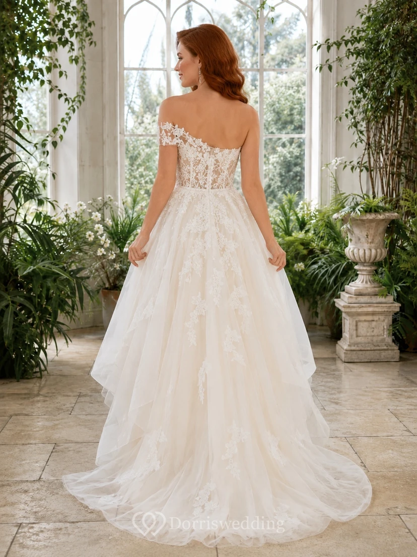Romantic Lace Off Shoulder Tulle High-Low A-Line Bridal Dress view 2