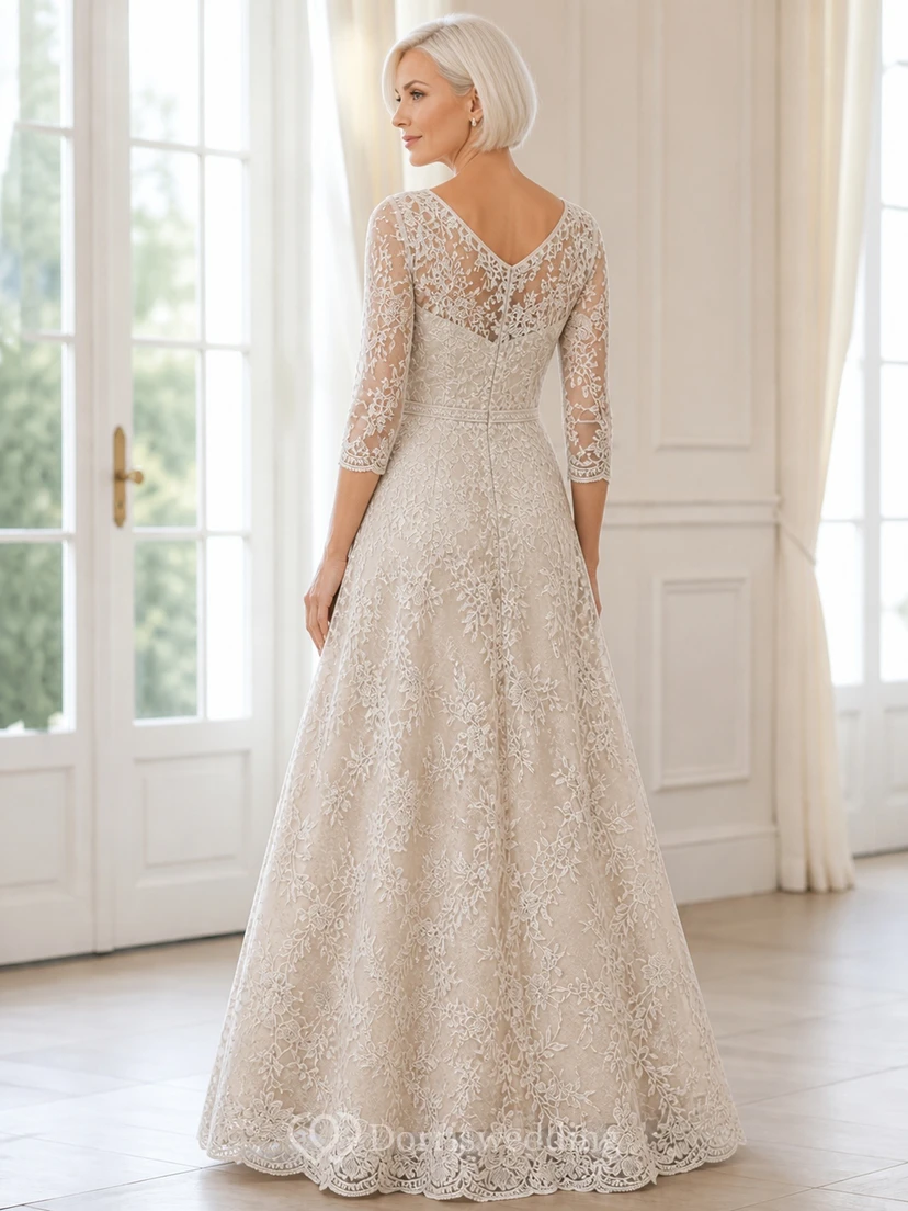 Scallop-Edged Modest Older Brides Lace A-Line Floor-length Bateau Three-Quarter Sleeve Mother Dress view 2
