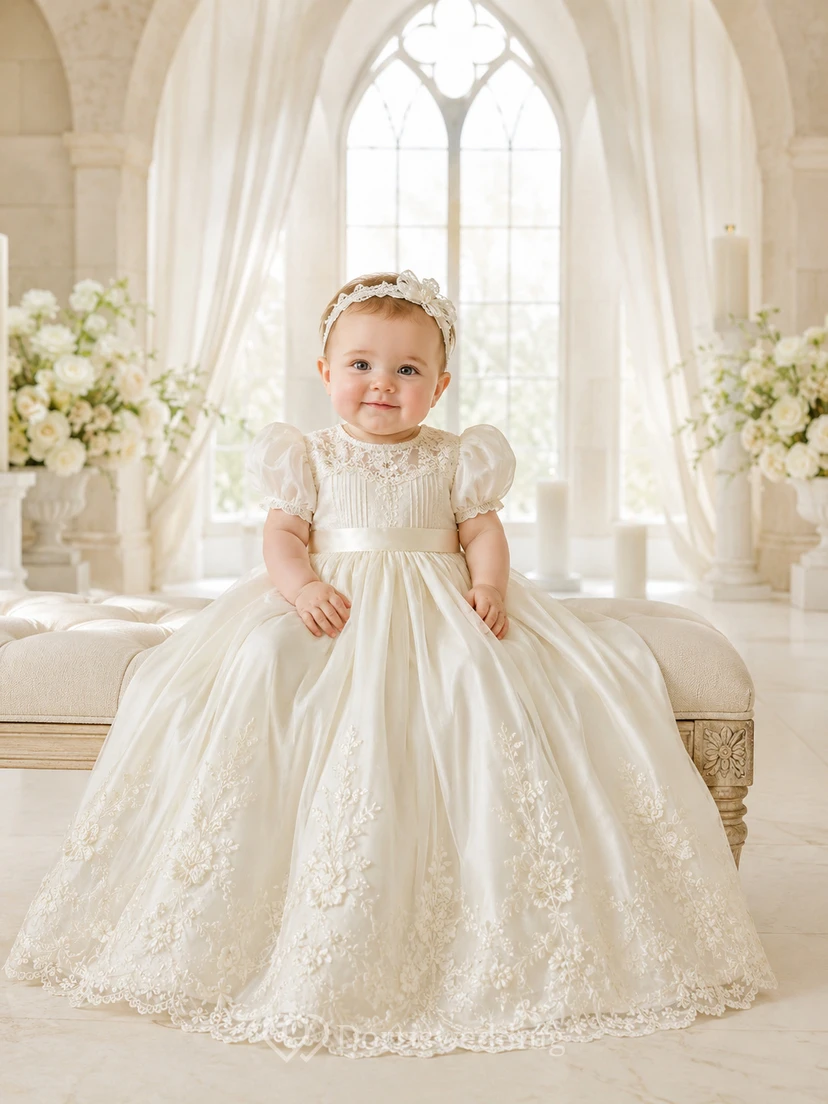 Puff Sleeve Christening Gown A-Line Lace Tulle High Neck Embroidered Skirt