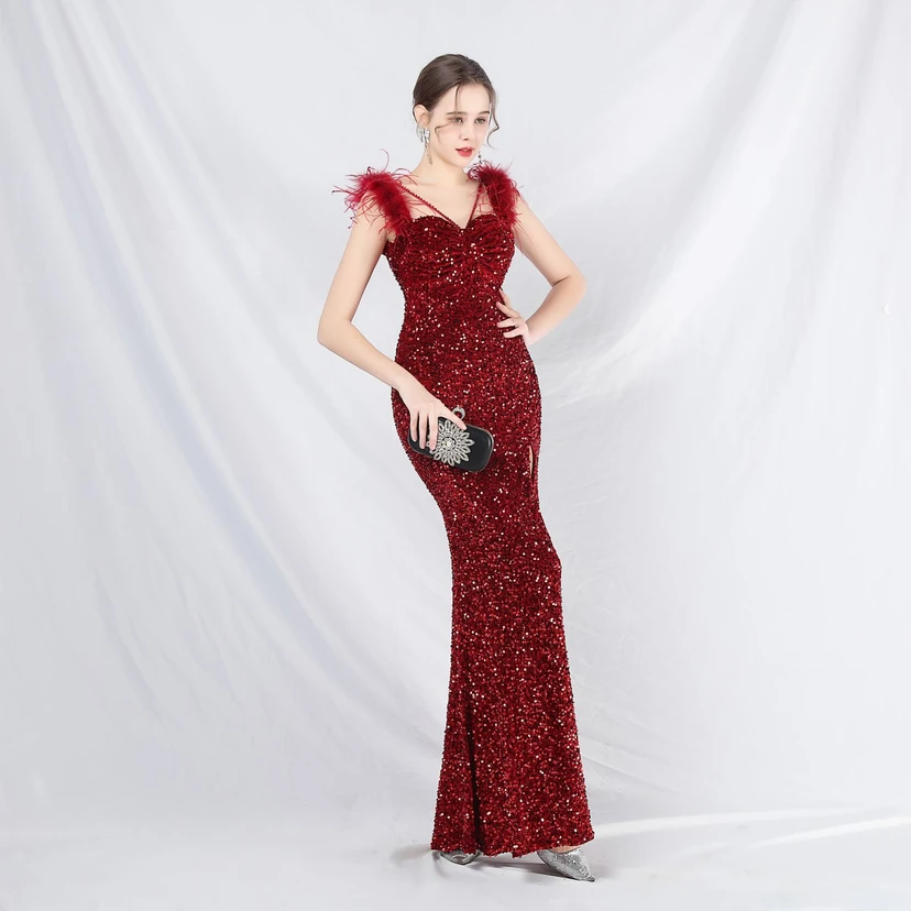 Craft Beaded Ostrich Feather Plush Sequined Long Evening Dress view 31