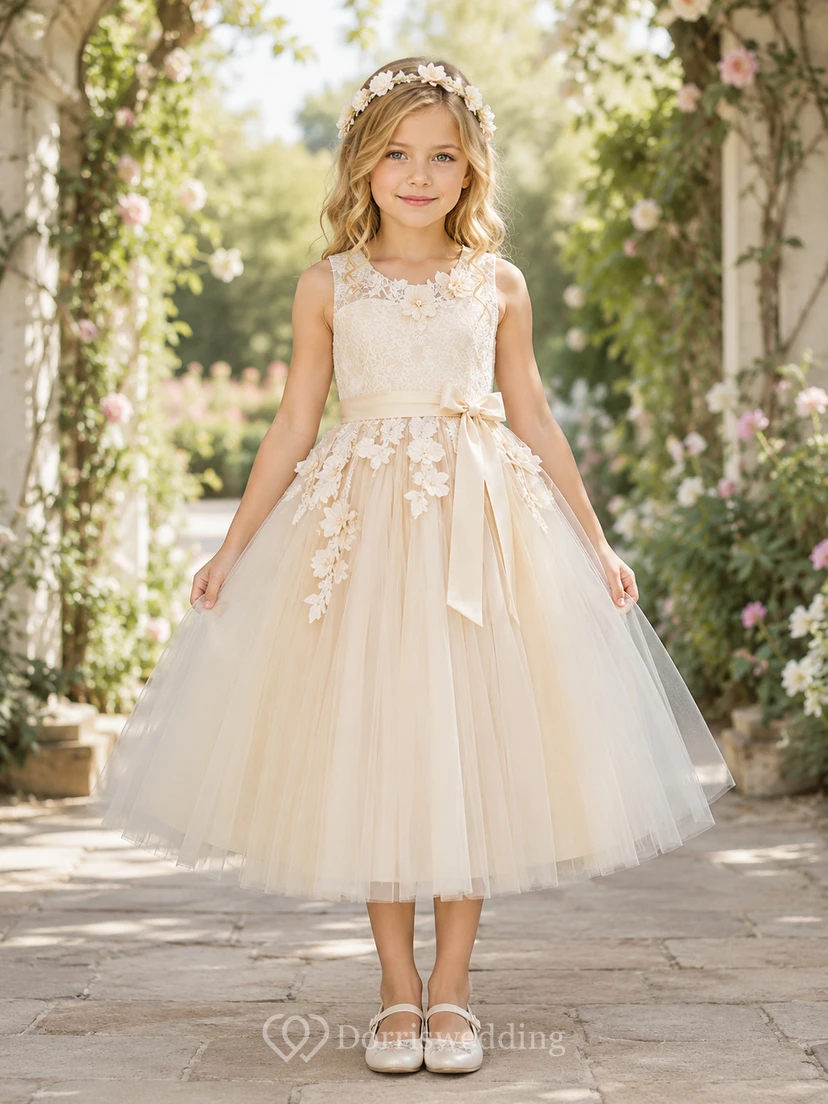 Vestido de niña de las flores color champán, encaje, tul, corte en A, cuello joya, largo midi, detalle de fajín