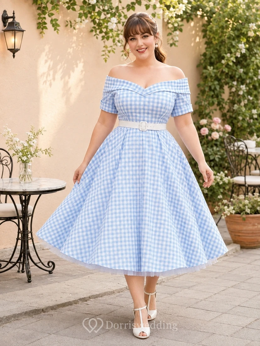 Sky schulterfreies, kurzärmeliges A-Linien-Picknickkleid aus Baumwolle in Teelänge mit Vichy-Karo