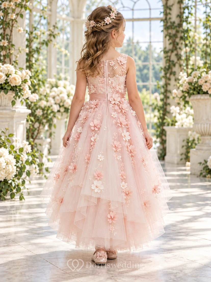 High-low Blushing Pink Illusion Neck Floral Tulle Flower Girl Dress view 2