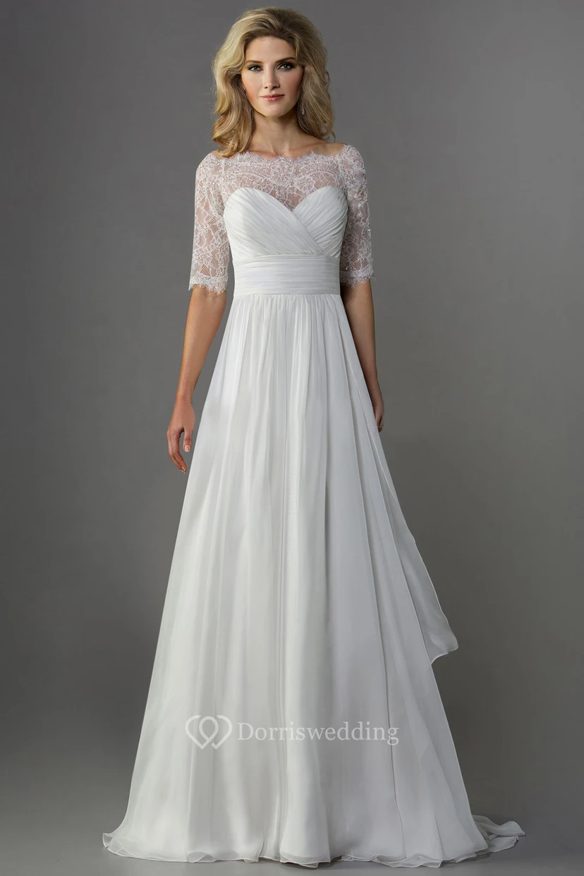 Half-Sleeved A-Line Chiffon Wedding Dress With Illusion Lace Detail