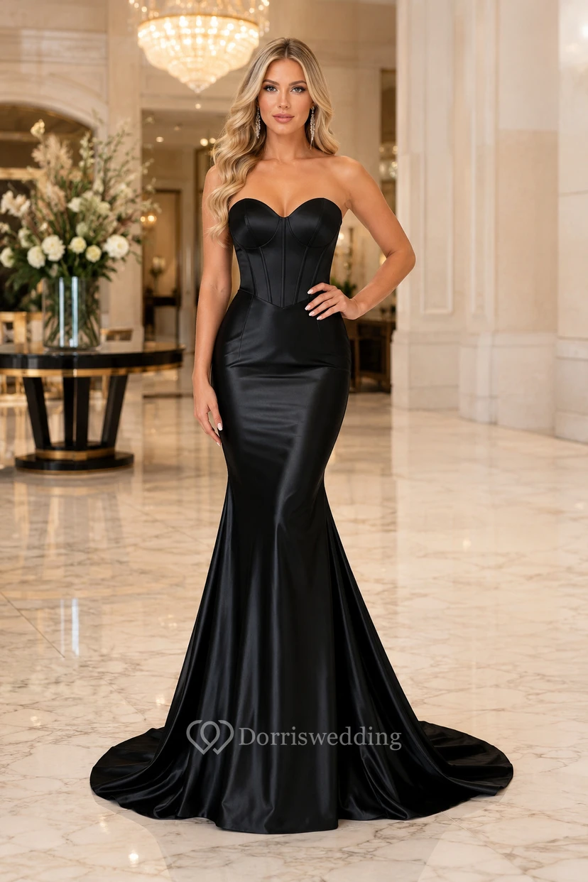 Black Strapless Satin Mermaid Evening Dress with Sweetheart Neckline and Train