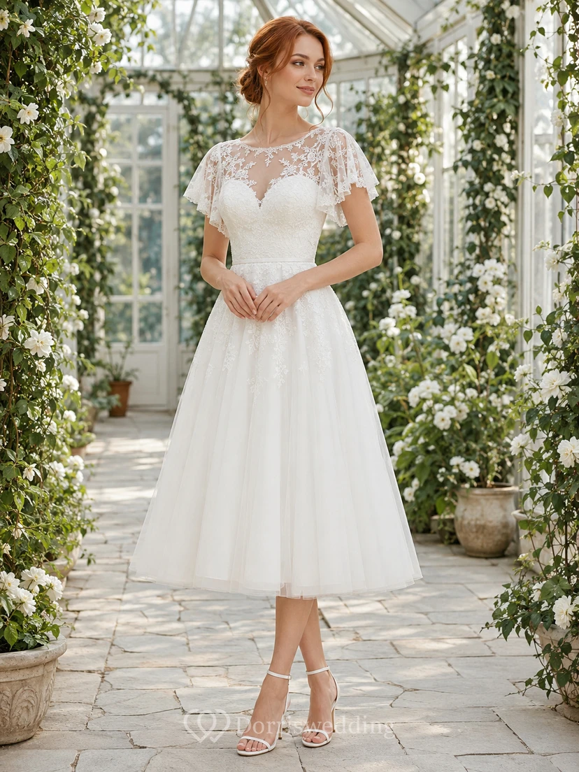 Tea-Length Illusion Lace Cap Sleeve A-Line Bridal Dress