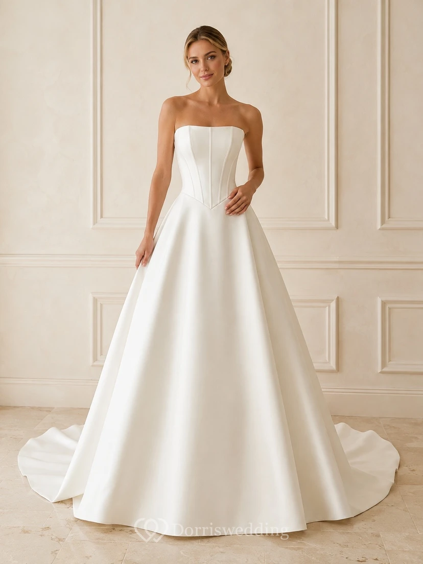 Vestido de novia sencillo de satén con corsé largo y sin tirantes