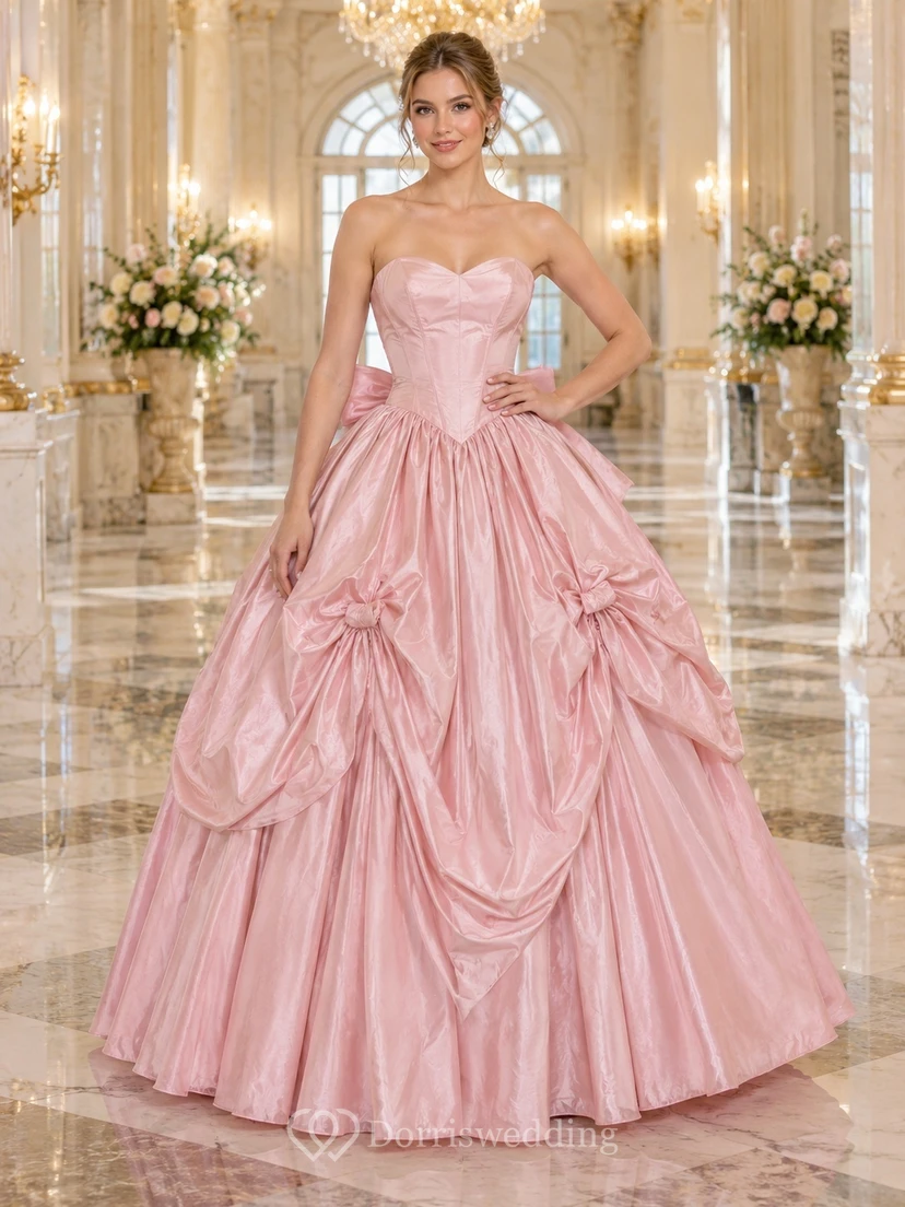 Vestido de fiesta de graduación de tafetán con corsé, sin tirantes y escote corazón, color rosa rubor, de los años 80