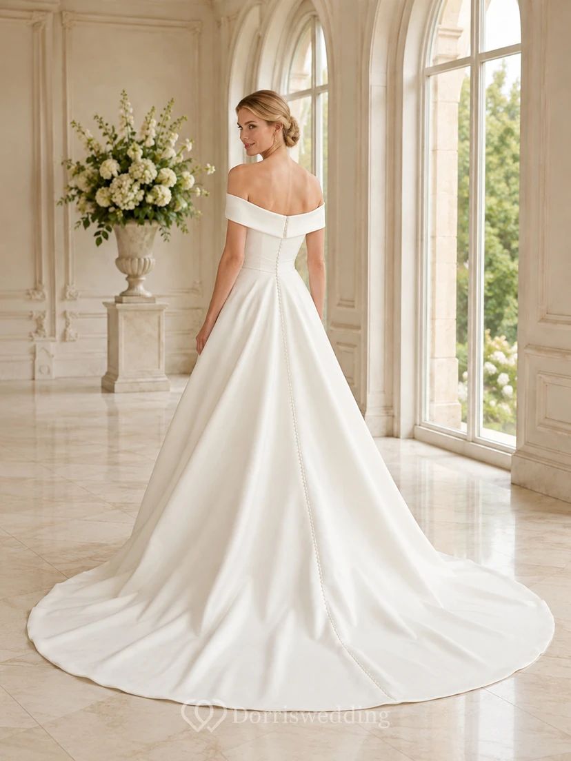 Robe de mariée romantique simple en satin, épaules dénudées, coupe trapèze et traîne chapelle view 2
