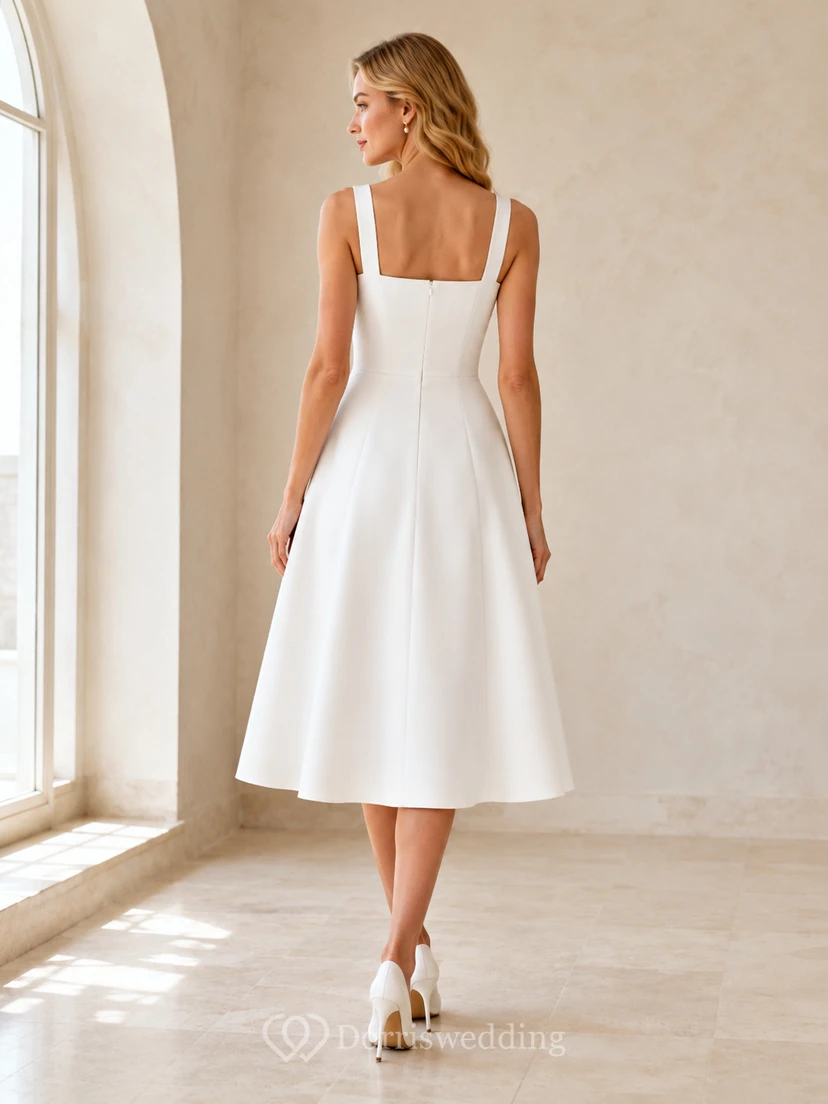 Vestido de novia sencillo de corte A, largo hasta la rodilla, escote cuadrado, sin mangas, de satén, corte A, estilo vintage. view 2