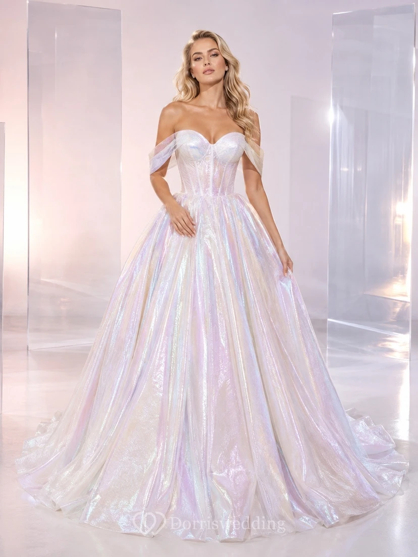 Vestido de novia sencillo, romántico y elegante con hombros descubiertos para fiesta de gala.