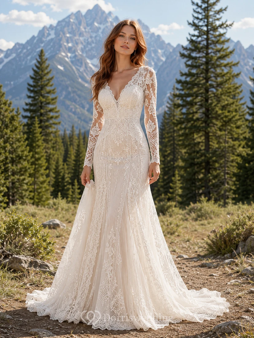 Robe de mariée sirène en dentelle florale à manches longues et décolleté plongeant, traîne chapelle, style montagne