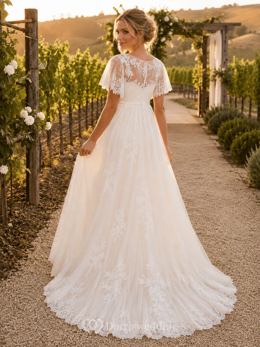 Romantisches Umstands-Brautkleid mit Schmuckkragen, flatternden Spitzenärmeln und Empire-Schnitt view 2