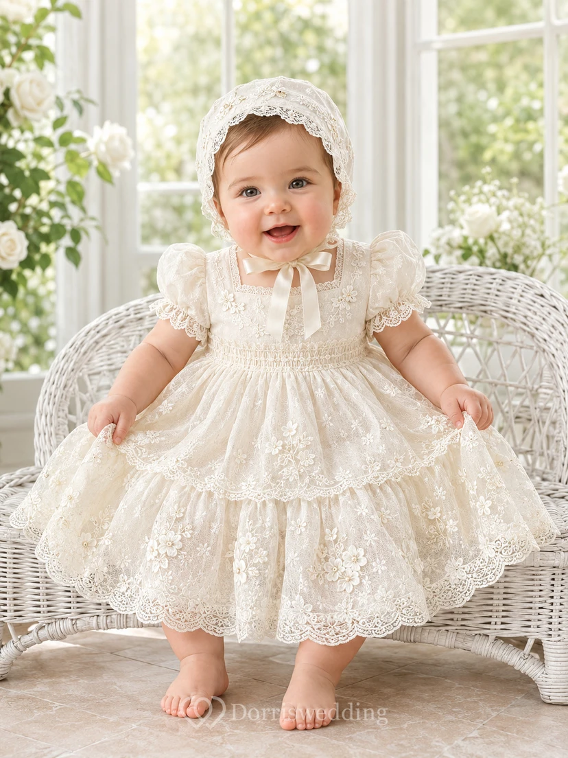 Baby Baptism Christening Ceremony Dress A-Line Knee-Length Jewel Neck Cap Sleeve Tulle Lace Ruffle Trim Tiered Skirt Button Back
