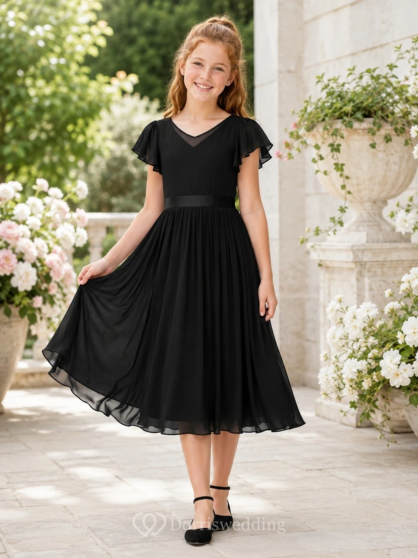 Black V-Neck Flutter Sleeve Chiffon A-Line Knee-Length Flowergirl Dress