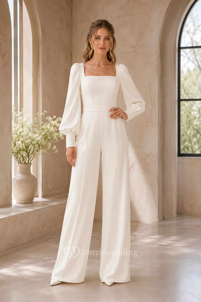 Weißer Hochzeitsjumpsuit mit eckigem Ausschnitt und langen Puffärmeln