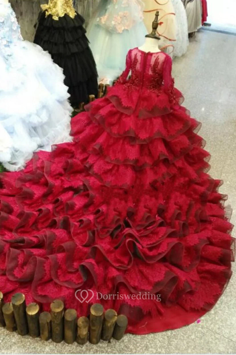 Ball Gown Scoop Long Sleeve Flower Girl Dress with Ruffle and Beading view 2
