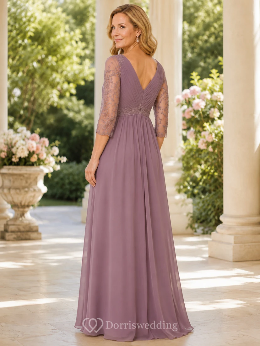 Vintage-Kleid aus mauvefarbener Spitze, schmeichelhaft für reife Mütter, V-Ausschnitt, Dreiviertelärmel, Empire-Taille, A-Linie, Chiffon, bodenlang view 2