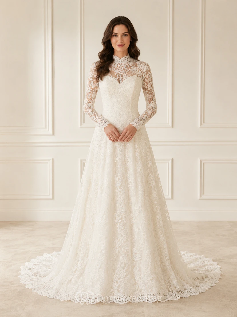 Robe de mariée modeste en dentelle et tulle, coupe sirène, col montant, manches longues et traîne chapelle view 2