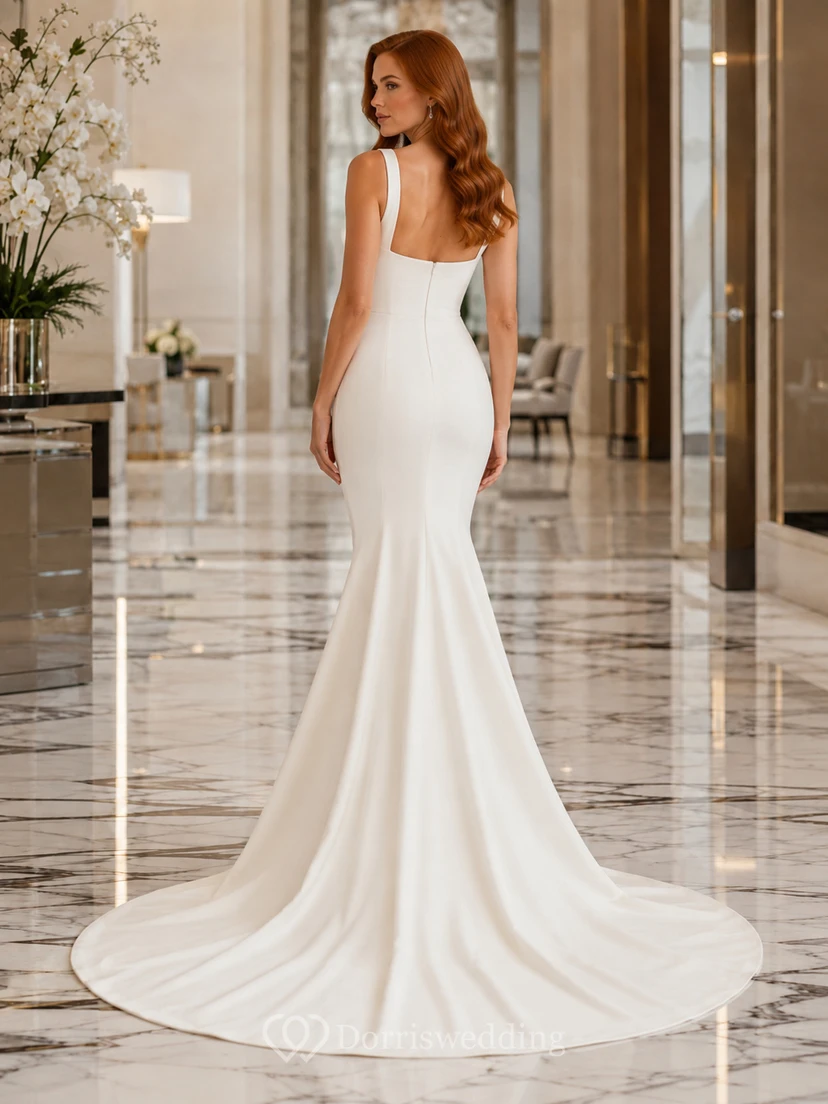 Minimalistisches Brautkleid aus Satin im Meerjungfrauenstil mit eckigem Ausschnitt, ärmellos, mit Schleppe view 2