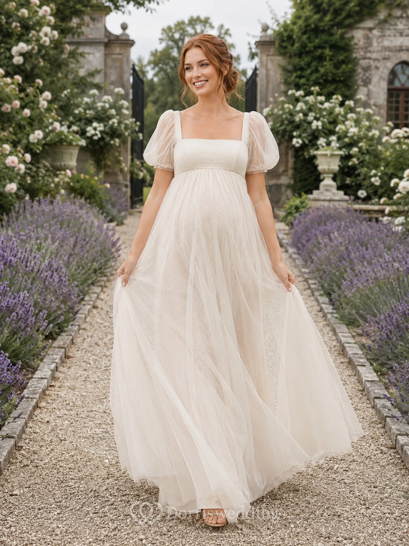 Umstands-Hochzeitskleid aus Tüll mit eckigem Ausschnitt, Puffärmeln und Umstandsmode