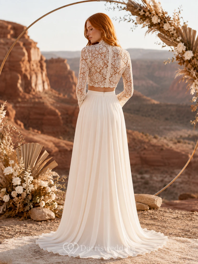 Conjunto de novia Canyon de gasa con encaje geométrico de ganchillo y cuello alto view 2