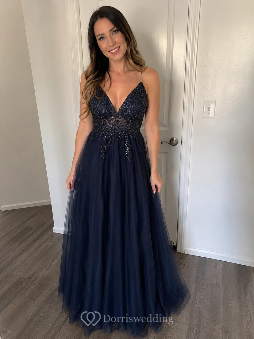 Casual Spaghetti Empire Tulle Pleated Prom Dress with Beaded Top view 9